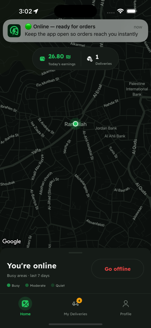 Home with today's earnings and the busy-areas map