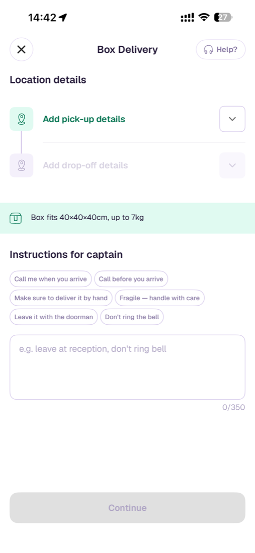 Box: collection and drop-off, with instructions for the rider