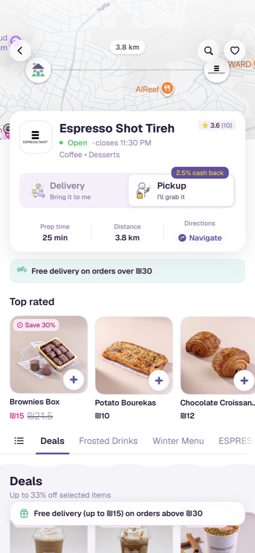 A café page with cash back on pickup and directions