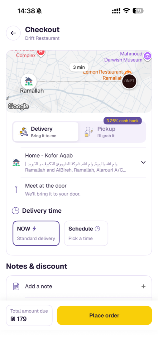 Checkout: address, meet at the door, now or scheduled