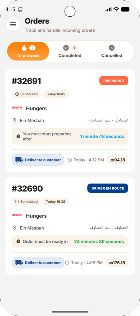 Orders to process, with the countdown to start preparing